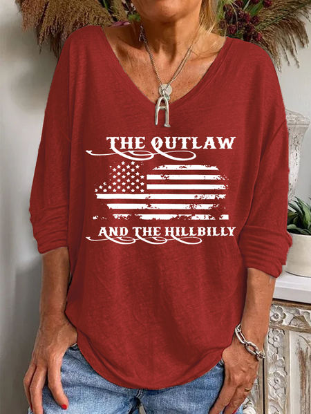 

The Outlaw and The Hillbilly Hat Ladies V-neck loose long-sleeved T-shirt, As picture, Long sleeves