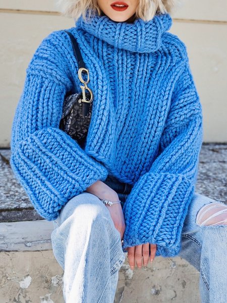 

Casual Plain Raglan Sleeves Turtleneck Sweater, Blue, Pullovers