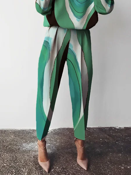 

Casual High Waist Regular Fit Abstract Pants, Green, Pants