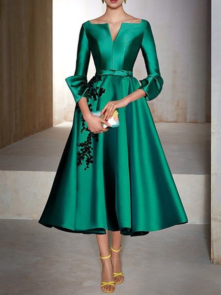 

Floral Regular Fit Puff Sleeve Elegant Party Dress, Green, Maxi Dresses