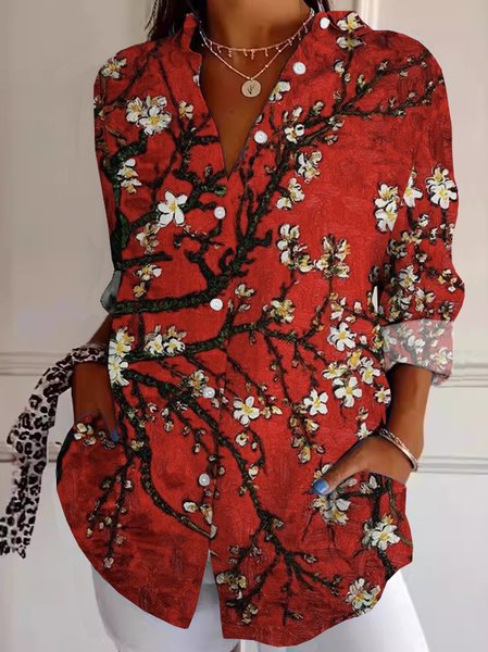 

Shirt Collar Long Sleeve Floral Lightweight Regular Fit Shirt For Women, Red, Shirts
