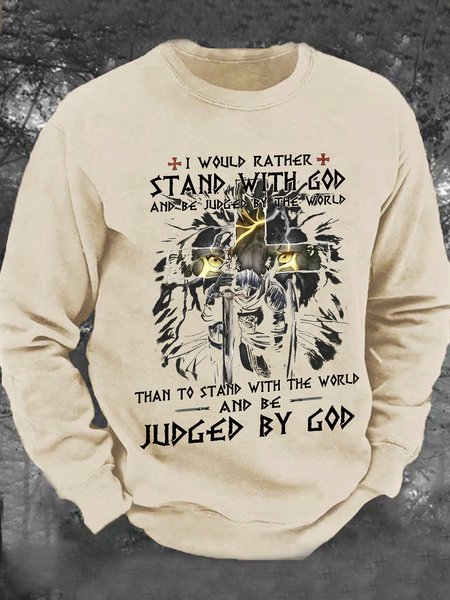 

Vintage Faith Print Stand With God Men's Casual Sweatshirt, Khaki, Hoodies&Sweatshirts