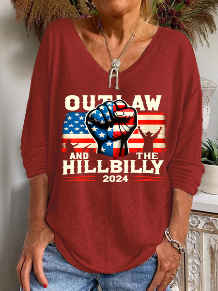 

The Outlaw And The Hillbilly Ladies V-Neck Loose Long-Sleeved T-Shirt, As picture, Long sleeves