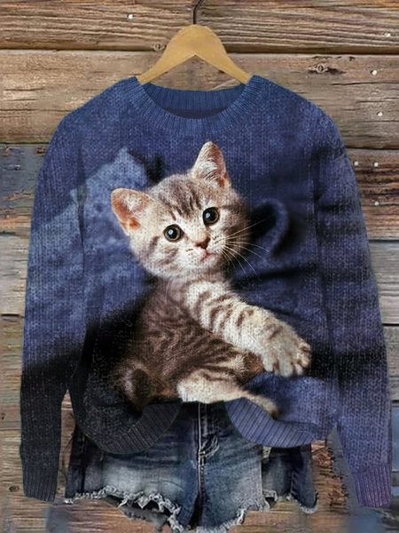

Loose Simple Maple Leaf Sweater, Blue, Sweaters