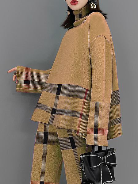 

High Elasticity Casual Plaid Loose Turtleneck Long Sleeve Sweater, Khaki, Pullovers