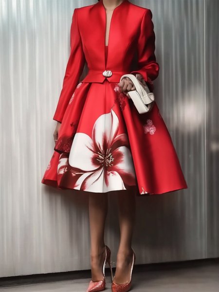 Floral Printing Long Sleeve Regular Fit Elegant Notched Party Dress, Red, Midi Dresses