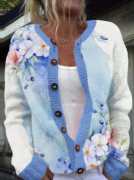 

Knitted Crew Neck Floral Casual Cardigan, Blue, Cardigans