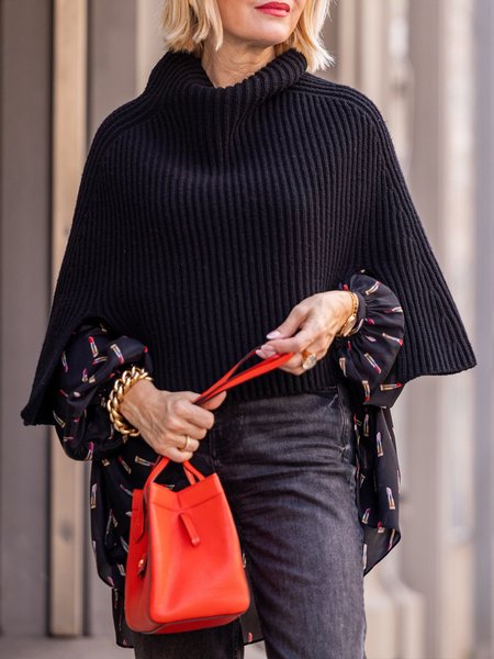 

Side-Slit Raglan Sleeves Casual Loose Sweater, Black, Pullovers