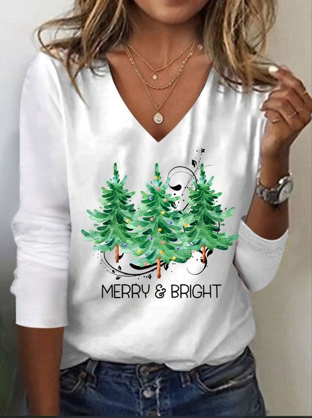 

Women's Christmas Printed V-Neck Long Sleeve T-Shirt, White, Long sleeves