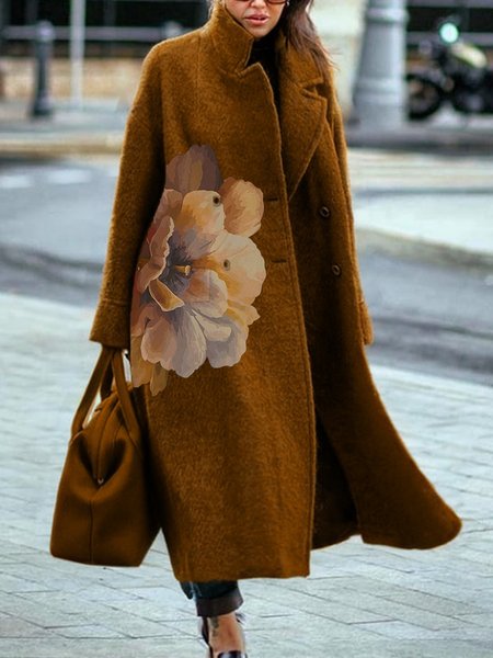 

Lapel Collar Casual Floral Long Sleeve Loose Coat, Brown, Coats