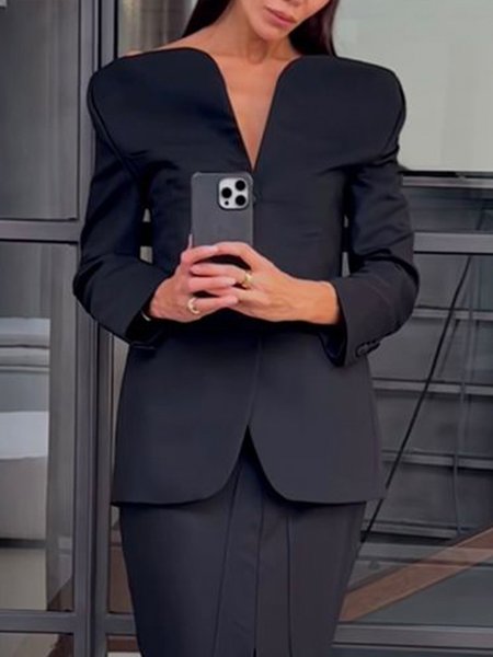 Off Shoulder Sleeve Elegant V Neck Blazer, Black, Blazers