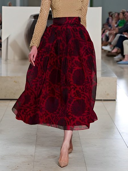 

Loose Random Print Urban Printing Midi Skirt, Reddish black, Skirts