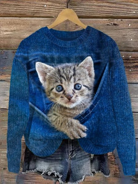 

Knitted Maple Leaf Simple Sweater, Blue, Sweaters