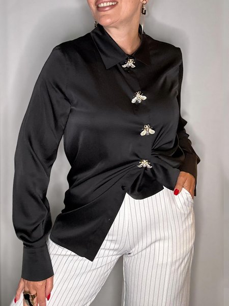 

Urban Buttoned Shirt Collar Plain Regular Fit Shirt, Black, Blouses and Shirts