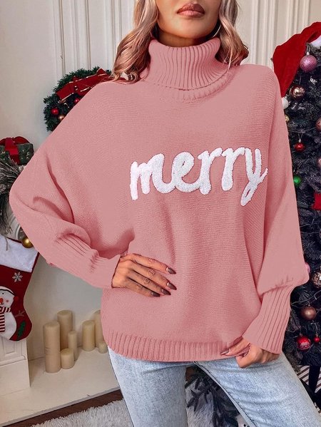 

Women's Spring/Fall Text Letters Casual Long Sleeve Turtleneck Yarn/Wool Yarn Sweater, Pink, Sweaters