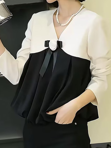 

Loose V Neck Long Sleeve Elegant Regular Sleeve Color Block Blouse With Brooch, Black-white, Blouses and Shirts