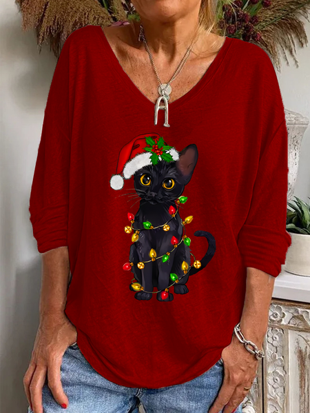 

Ladies Christmas Black Cat Christmas Tree Christmas Lights Casual Ladies V-Neck Loose Long-Sleeved T-Shirt, As picture, Long sleeves