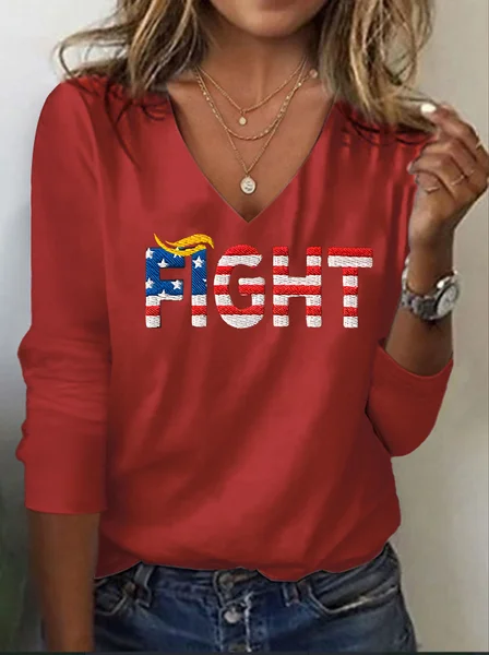 

Ladies Casual Red American Flag Battle Print V-Neck Long Sleeve T-Shirt, As picture, Long sleeves