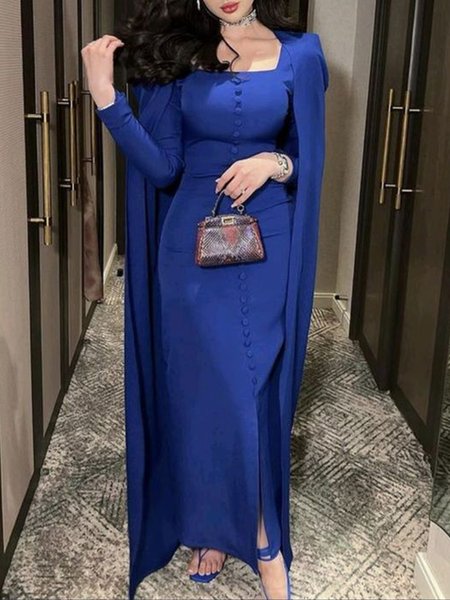 

Square Neck Regular Sleeve Elegant Party Dress, Blue, Maxi Dresses