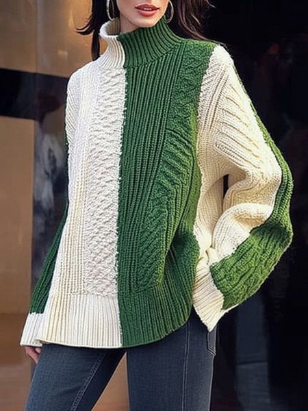 

Regular Sleeve Color Block Loose Turtleneck Casual Sweater, White-green, Pullovers
