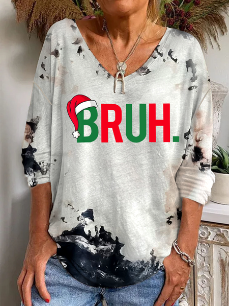 

Merry Christmas Bruh Women's V-neck Loose Long Sleeve T-shirt, As picture, Long sleeves