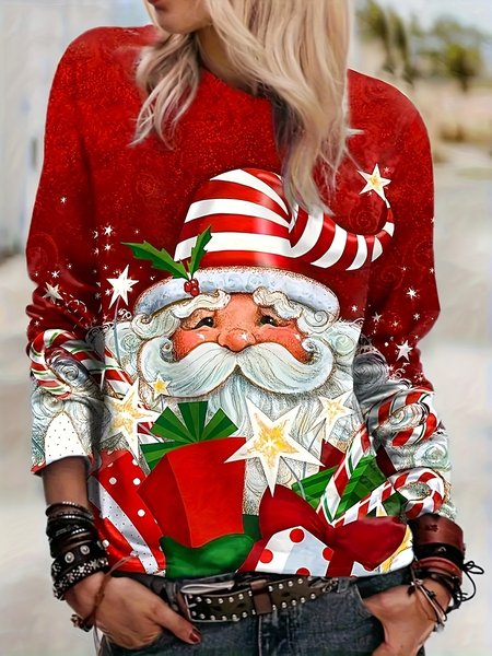 

Casual Christmas Crew Neck Long Sleeve T-shirt, Red, T-shirts