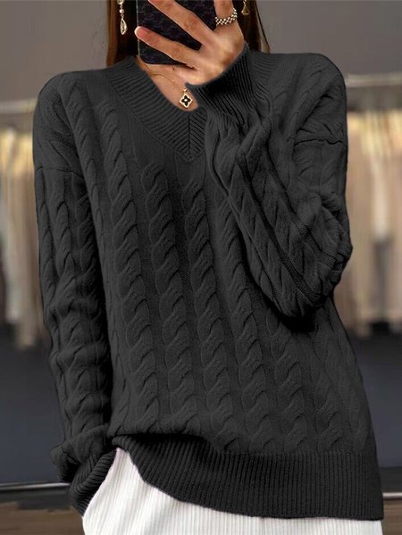 

Wool/Knitting V Neck Casual Sweater, Black, Sweaters & Cardigans