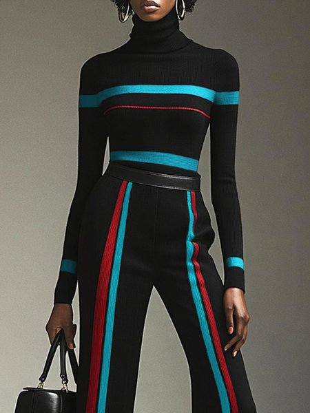 

Color Block Striped Long Sleeve Urban Sweater, Black, Pullovers