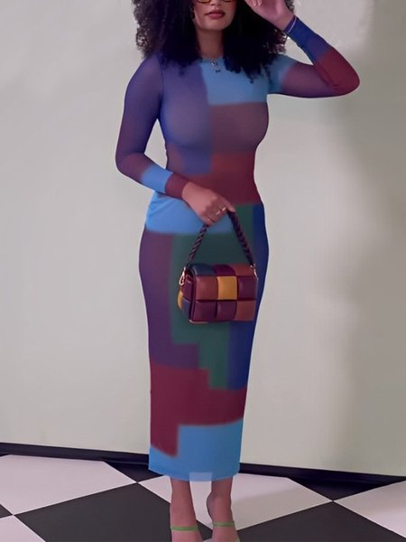 

Plaid Tight Elegant Long Sleeve Maxi Dress, As picture, Maxi Dresses