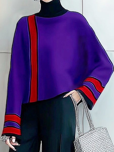 

Turtleneck Urban Raglan Sleeves Striped Sweater, Purple, Pullovers