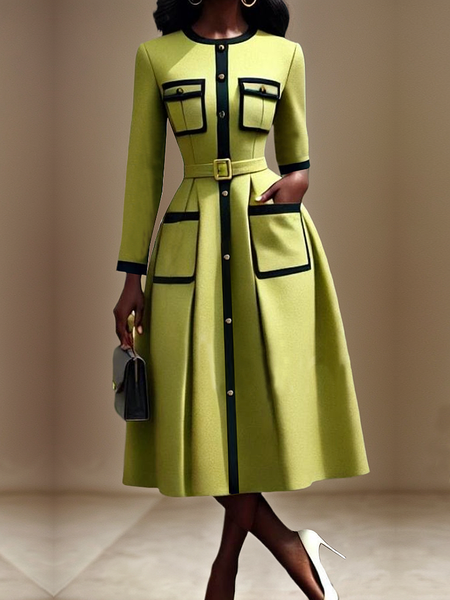 

Regular Fit Regular Sleeve Crew Neck Long Sleeve Elegant Midi Dress With Belt, Green, Midi Dresses