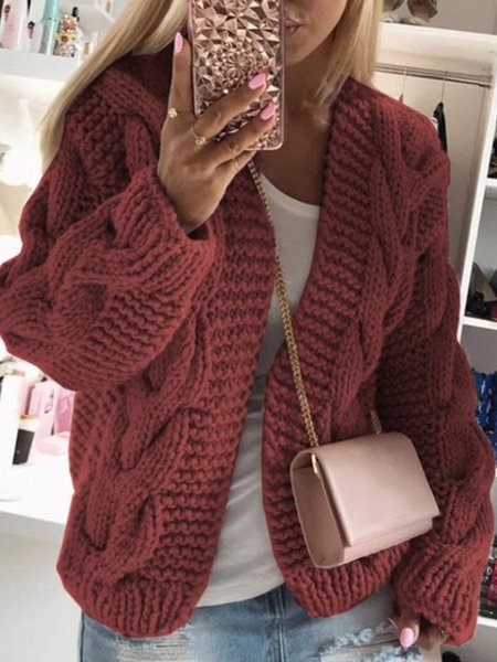 Women Wool/Knitting Plain Long Sleeve Comfy Casual Cardigan, Rust, Sweaters