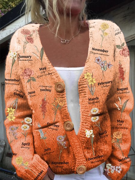 

Mom Garden Floral V Neck Simple Floral Wool/Knitting Cardigan, Orange, Cardigans