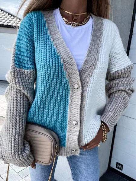 Loose Wrap Color Block Casual Cardigan, Blue, Sweaters & Cardigans