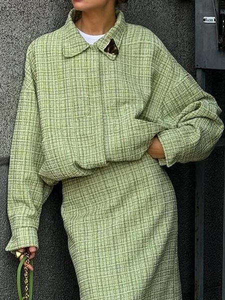 

Plaid Loose Shawl Collar Regular Sleeve Urban Jacket, Green, Jackets