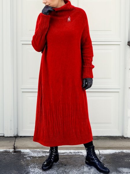 

Raglan Sleeves Simple Plain Turtleneck Sweater Dress With Brooch, Red, Maxi Dresses