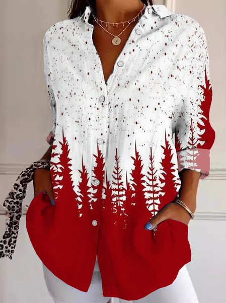 

Shirt Collar Long Sleeve Christmas Lightweight Regular Fit Shirt For Women, Red, Shirts