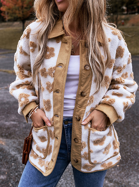 

Women's Floral Sherpa Jacket Thicken Loose Teddy Jacket, Brown, Outerwear