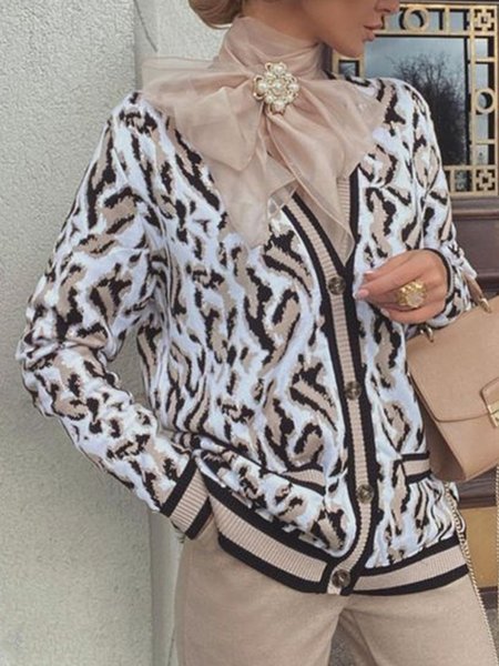 

Loose Casual Leopard V Neck Cardigan, As picture, Cardigans