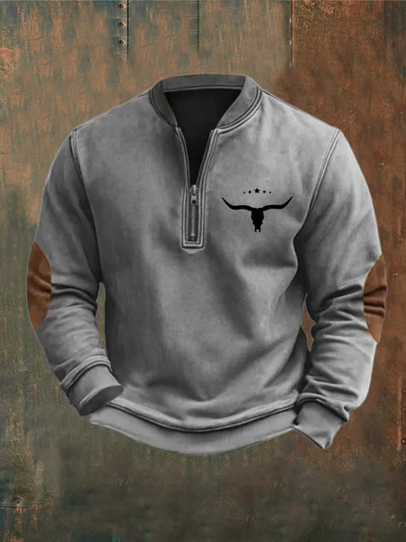 

Men's Western Vintage Print Half Collar Sweatshirt, Gray, Hoodies&Sweatshirts