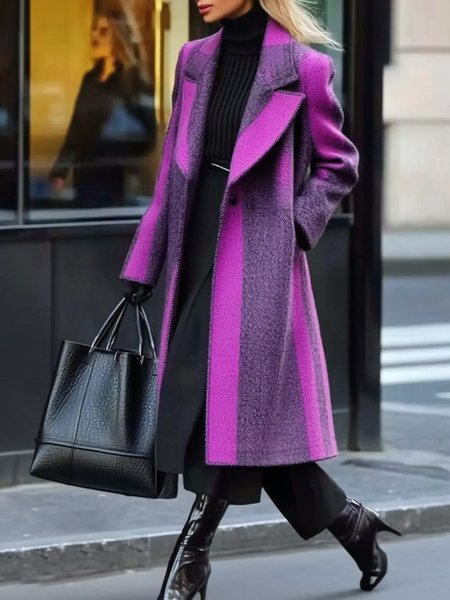 

Colorblock Printing Urban Regular Sleeve Lapel Collar Coat, Purple, Coats