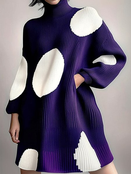 Turtleneck Long Sleeve Polka Dots Casual Sweater Dress, Purple, Mini Dresses