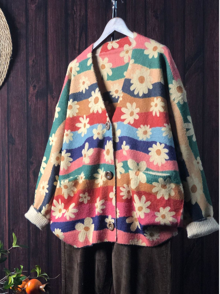

Wool/Knitting Loose Casual Floral Cardigan, Pink, Cardigans