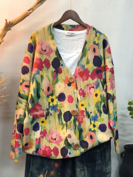 

Wool/Knitting Floral Casual Cardigan, Green, Cardigans
