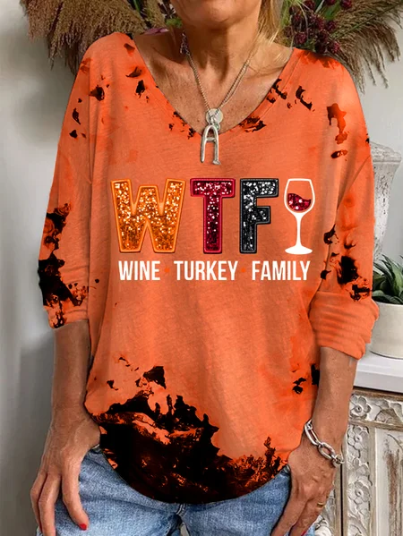 

Women's WTF Wine Turkey Family Print V-Neck Long Sleeve Tee, Orange, Long sleeves