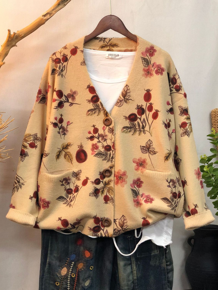 

Floral V Neck Simple Cardigan, Khaki, Cardigans