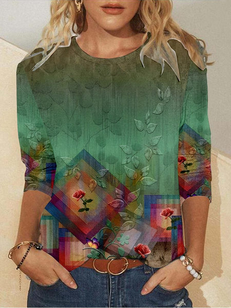

Casual Ethnic Crew Neck Long Sleeve T-shirt, Green, T-shirts