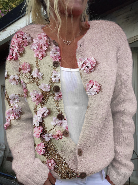 

Simple Knitted Maple Leaf Crew Neck Sweater, Pink, Cardigans