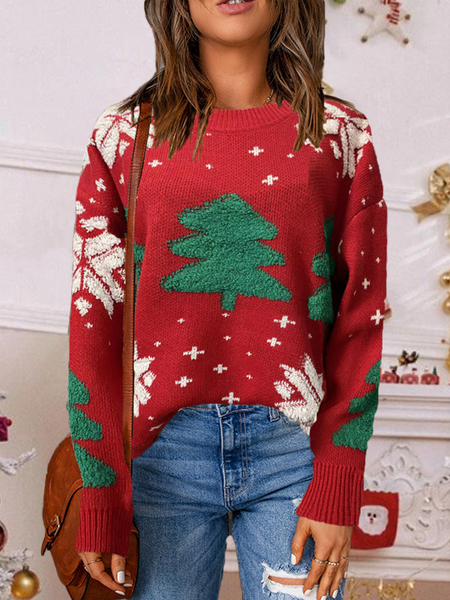 

Women Yarn/Wool Yarn Christmas Tree Long Sleeve Comfy Casual Sweater, Red, Sweaters