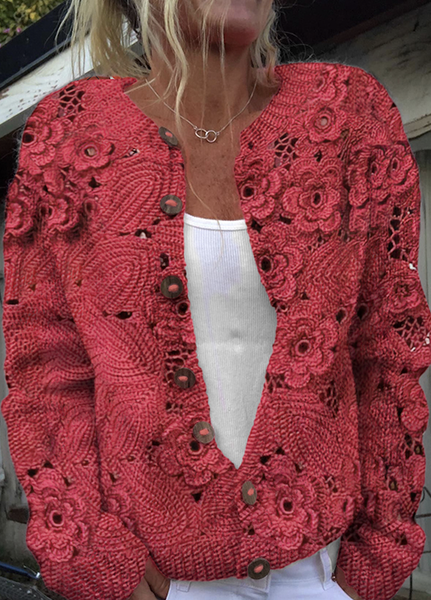 

Women Knitted Maple Leaf Long Sleeve Comfy Casual Sweater, Red, Cardigans